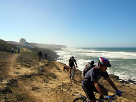 grupo de ciclistas a pedalar junto ao mar