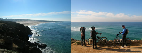 duas fotos dos ciclistas junto ao mar com vista da praia do guincho