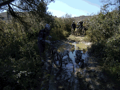 fotos diversas dos ciclistas a atravessarem um po�a de lama com um deles a cair nela