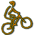 ciclista estilizado em cor de laranja e verde a simbolizar as subidas que fazemos